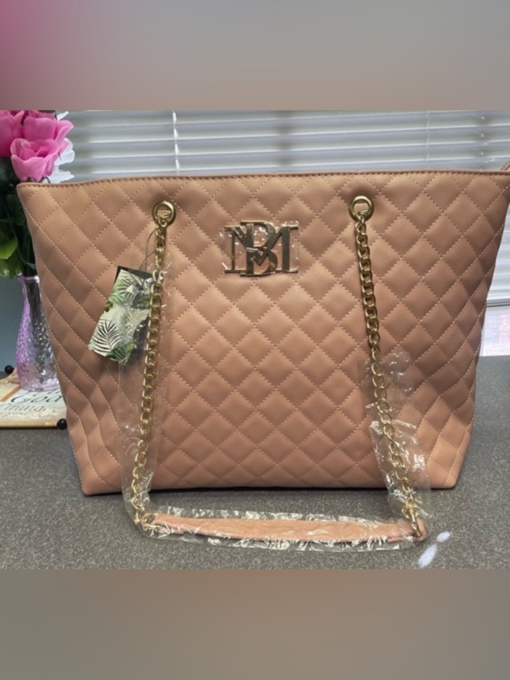 Badgley Mischka Quilted Blush Tote with Gold Chain Handles